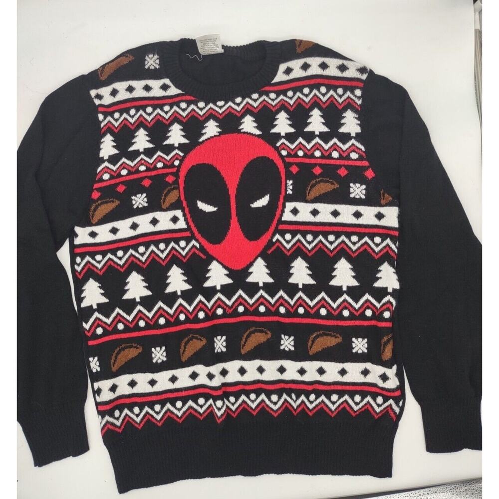 Marvel Deadpool Sweater Men's Small Crew Neck Christmas Red Black White